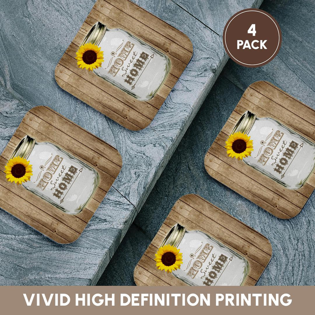 3dRose Janna Salak Designs Rustic Designs - Country Rustic Mason Jar with Sunflower - Home Sweet Home - Coasters (CST_128555)