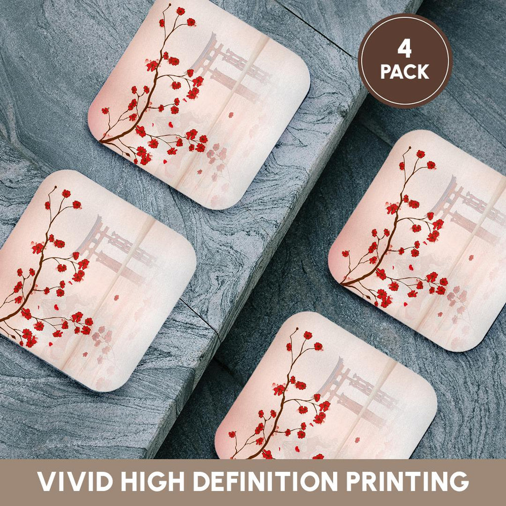 3dRose Dooni Designs Oriental Inspired Designs - Beautiful Japanese Sakura Red Cherry Blossoms Branching Reflecting Over Water - Coasters (cst_116168)