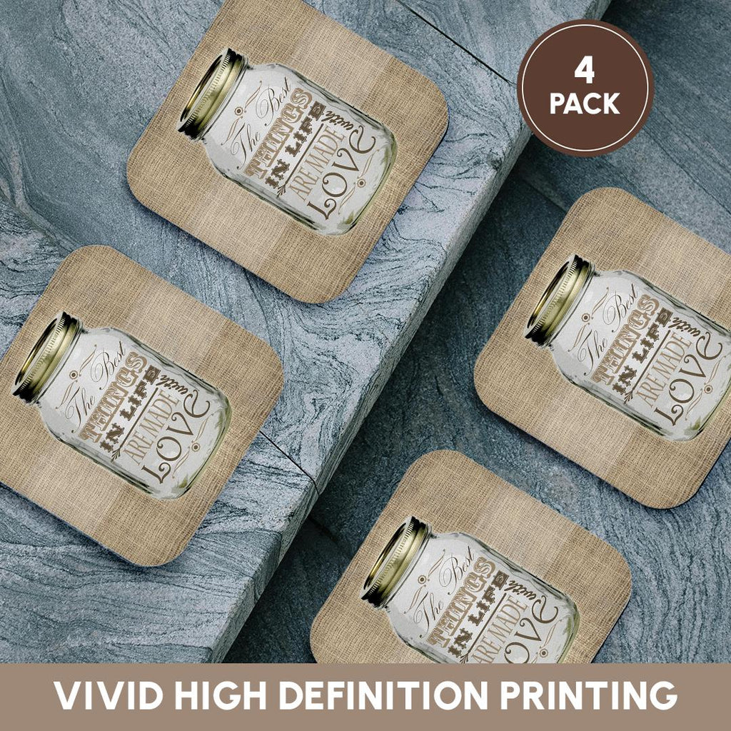 3dRose Janna Salak Designs Rustic Designs - Mason Jar on Burlap Print Brown - The Best Things in Life are Made with Love - Gifts for The Cook - Coasters (CST_128507)