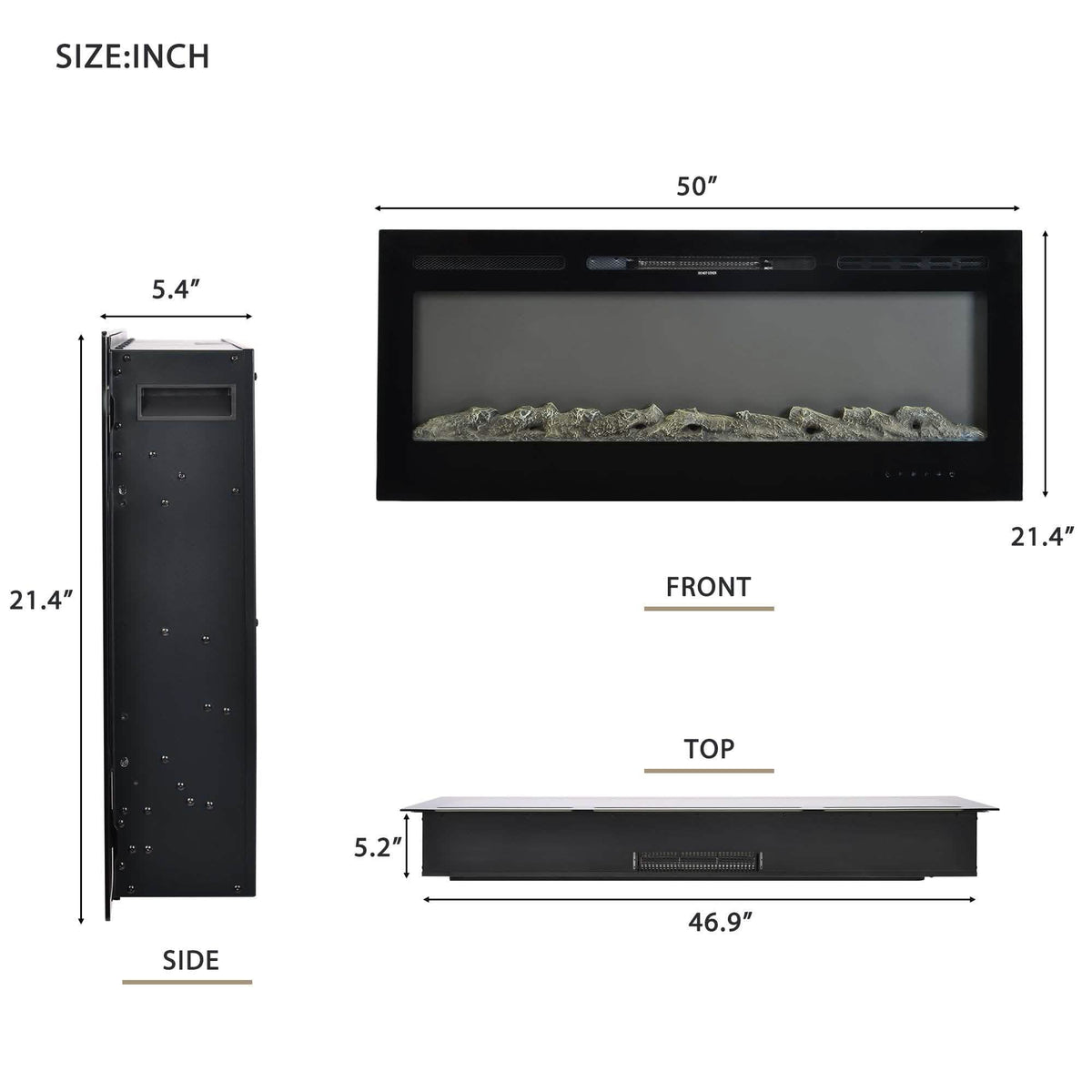 Wall-Mounted Recessed Electronic Fireplace - 50 Inch