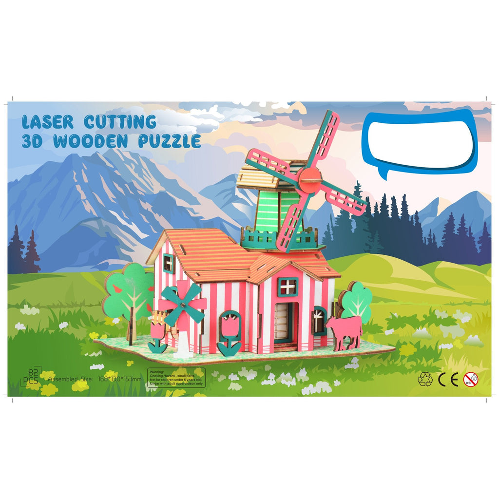 Windmill Model Kit - Wooden Laser-Cut 3D Puzzle (82 Pcs)