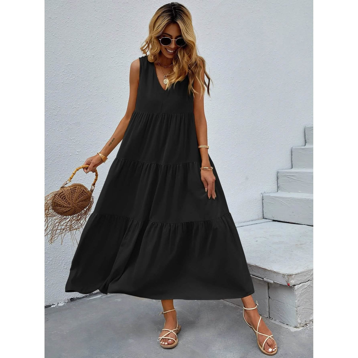 Women's V-neck Ruffle Hem Solid Dress