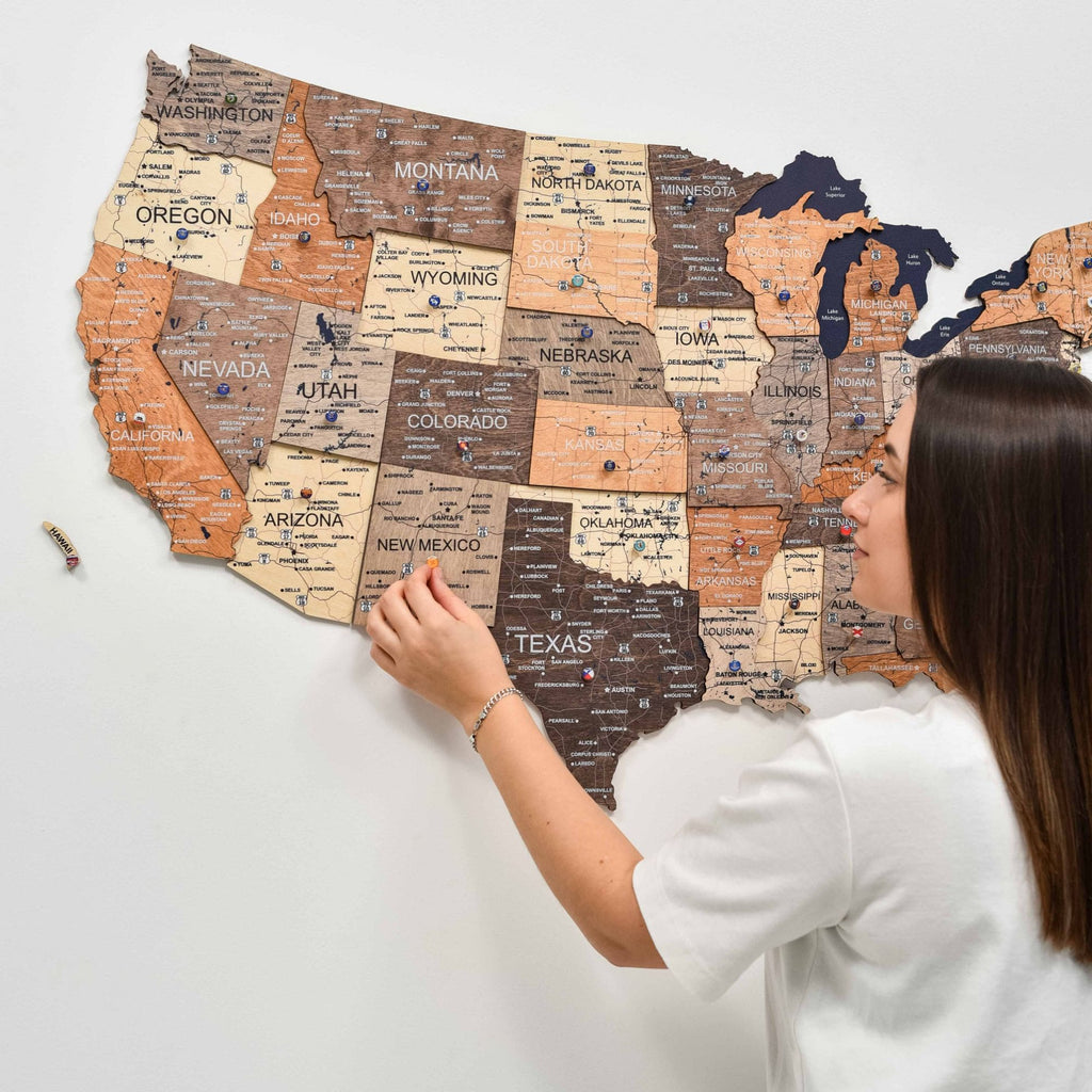 Wooden 3D Map of USA - Multicolor