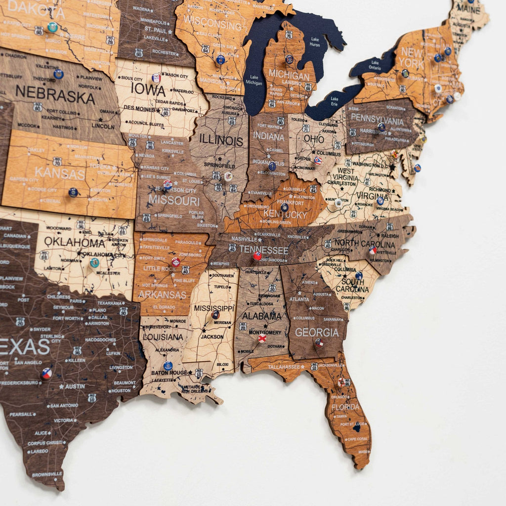 Wooden 3D Map of USA - Multicolor