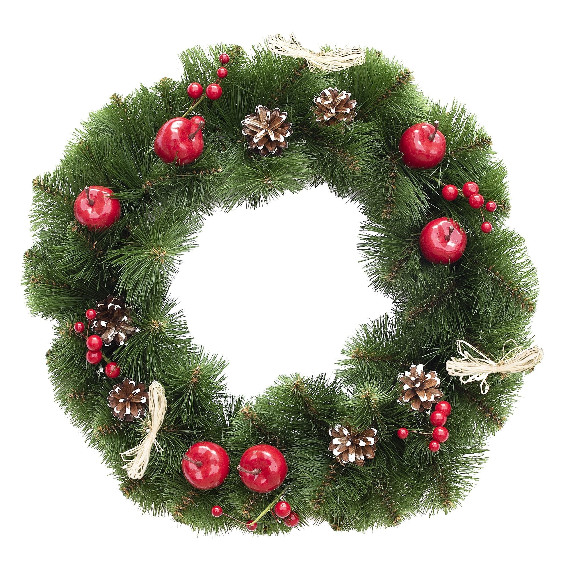 Ukrainian Christmas Wreath with Frosted Straw Bows, Apples & Pine Cones 20 Inches