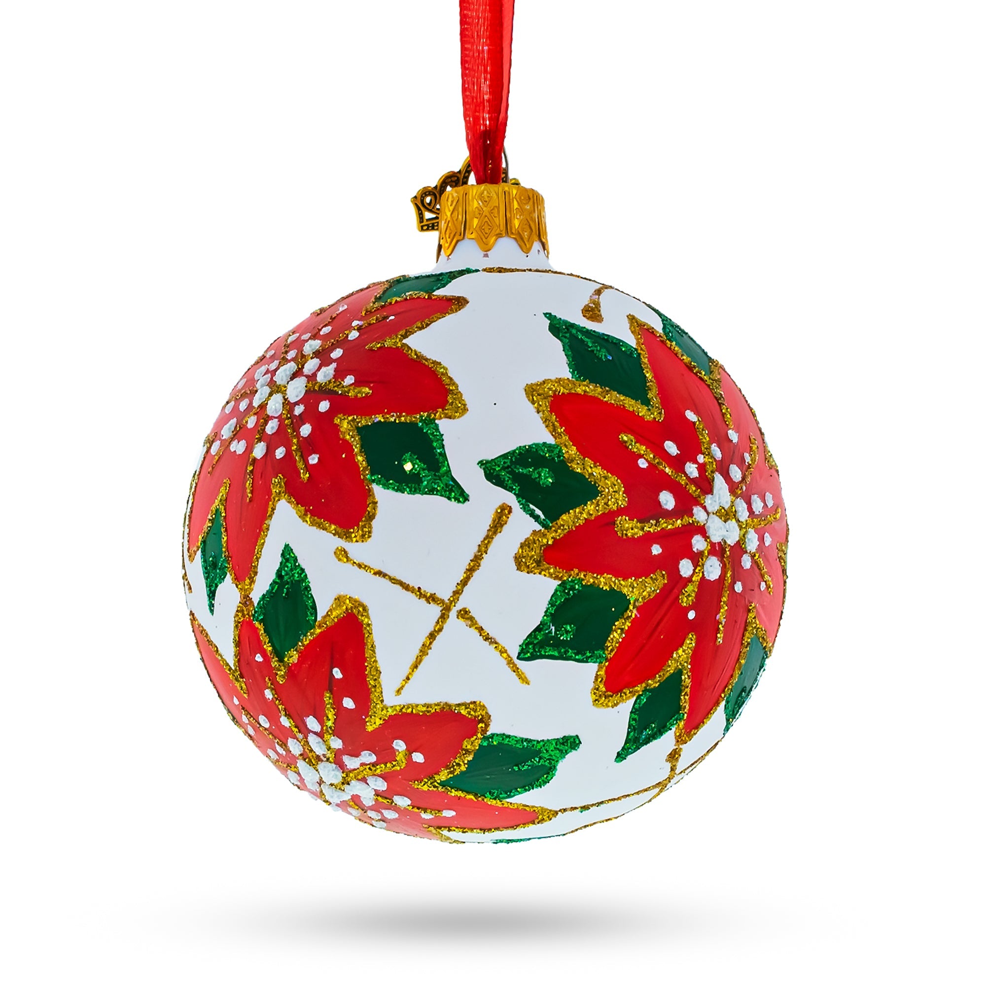 Poinsettia Flowers on White Glass Ball Christmas Ornament 3.25 Inches