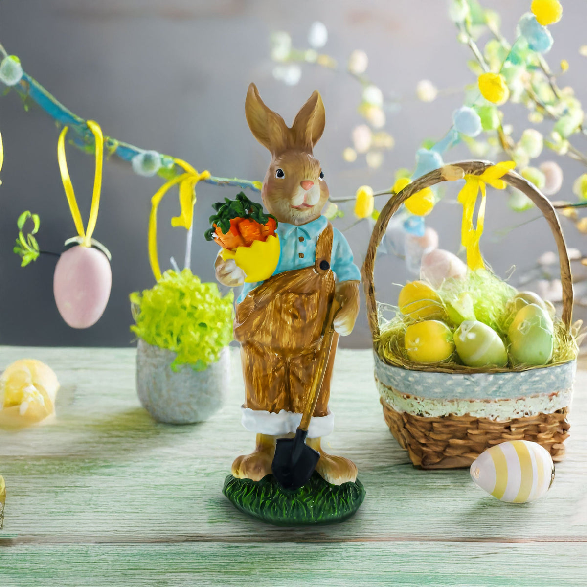Farmer Bunny with Carrots Shovel Figurine - Spring Home Decor 8.9 Inches