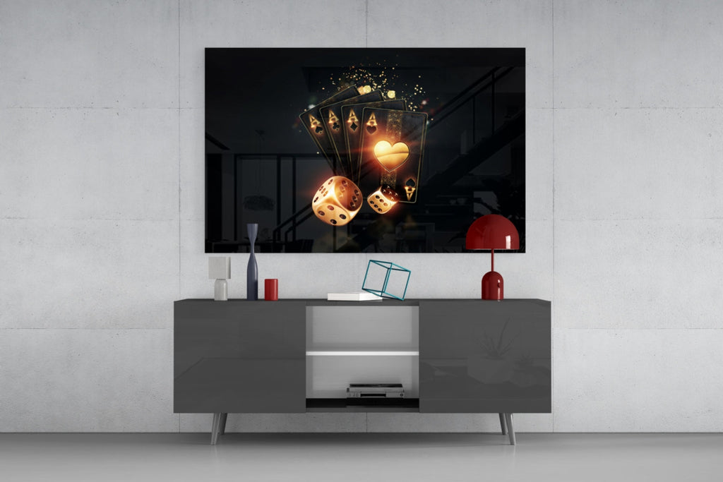 Glowing Heart Ace And Golden Dice Glass Wall Art