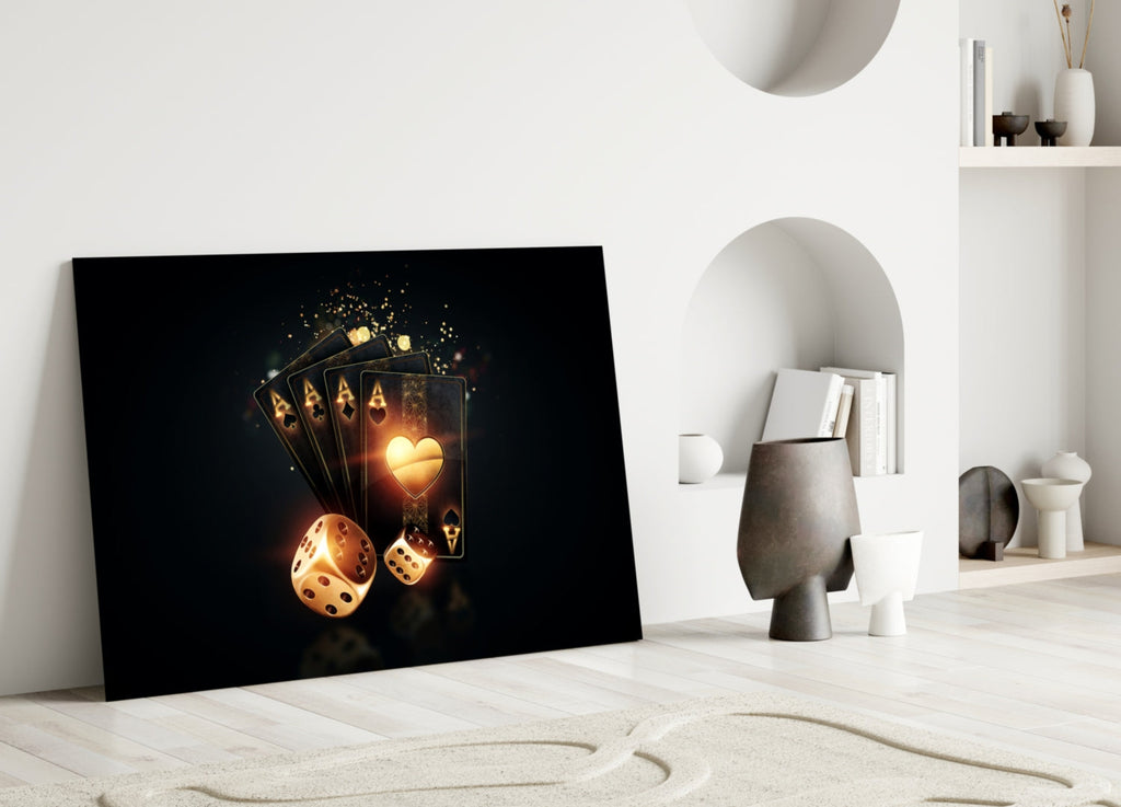 Glowing Heart Ace And Golden Dice Glass Wall Art