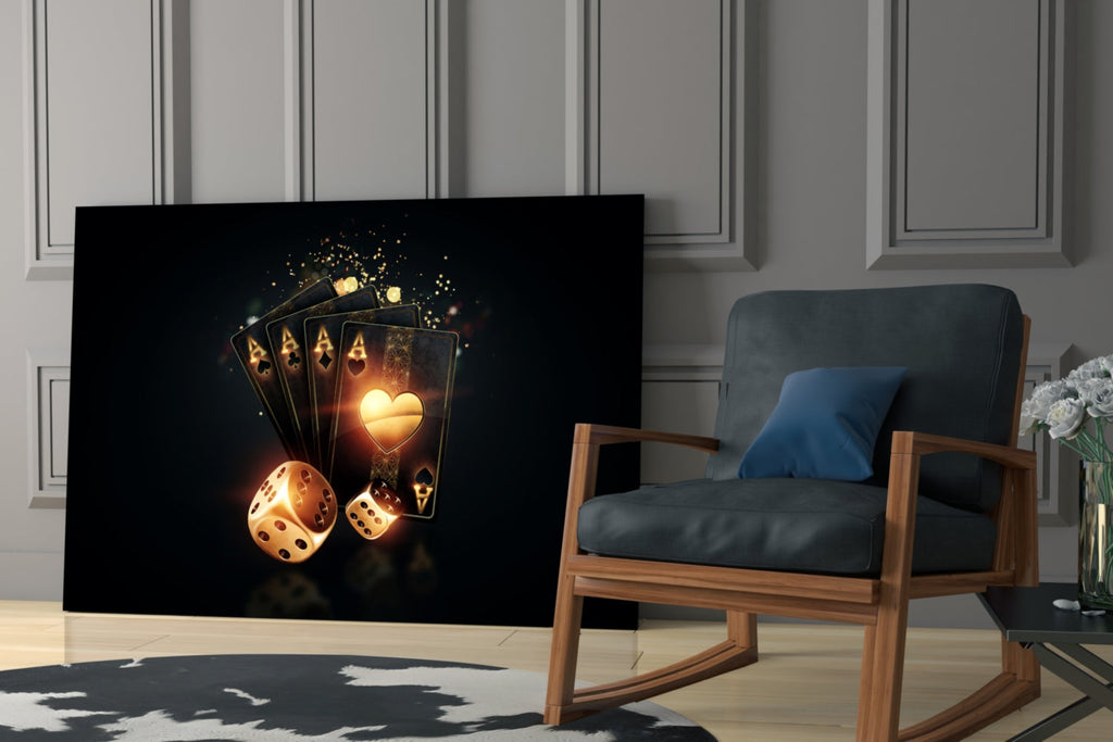Glowing Heart Ace And Golden Dice Glass Wall Art